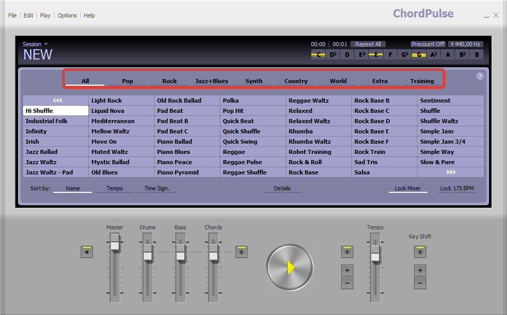 Выбор жанров, шаблонов и готовых композиций в ChordPulse