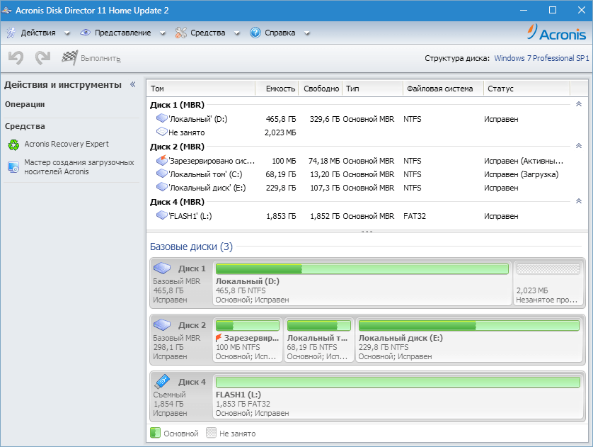 Главное окно Acronis Disk Director