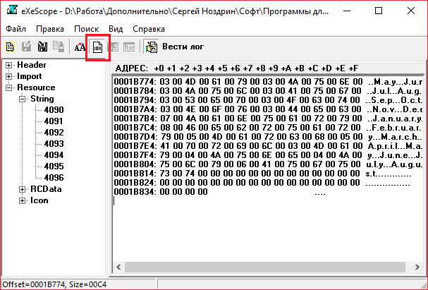 Бинарный режим просмотра в eXeScope