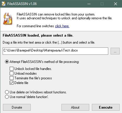 Удаление заблокированного файла с помощью FileASSASSIN