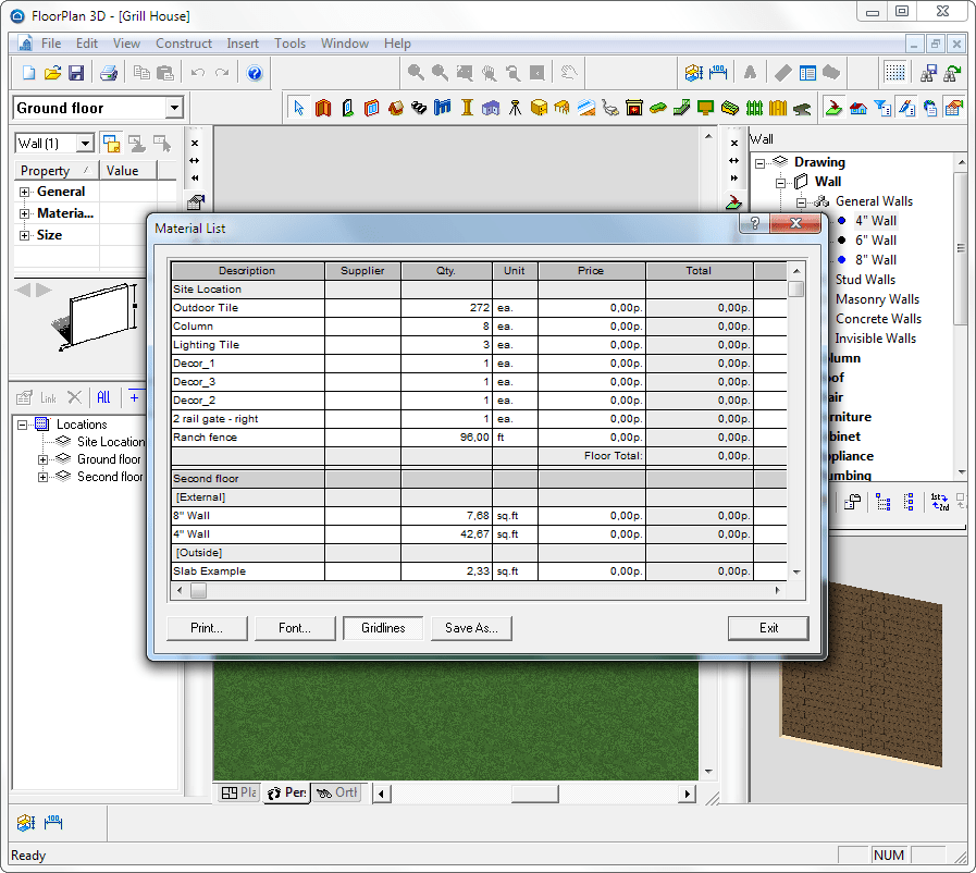 Ведомость материалов в floorplan 3d