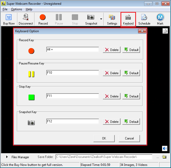 Горячие клавиши в Super Webcam Recorder