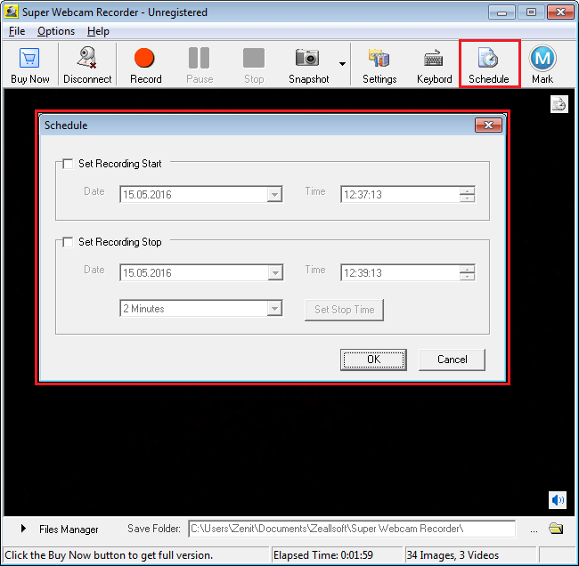 Запись по расписанию в Super Webcam Recorder