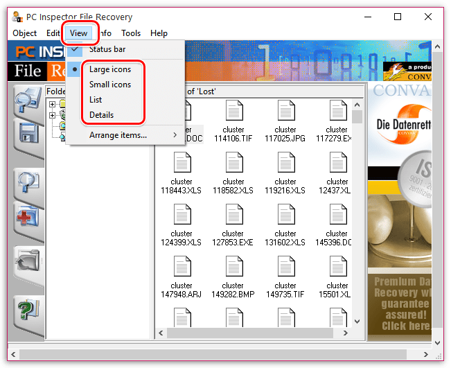 Изменение режима отображения файлов в PC Inspector File Recovery