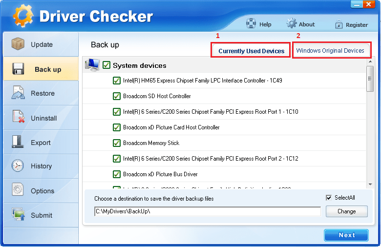 Резервное копирование в Driver Checker