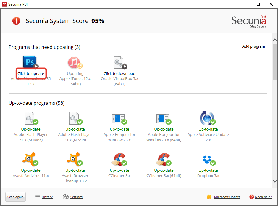 Упрощенная установка обновлений в Secunia PSI