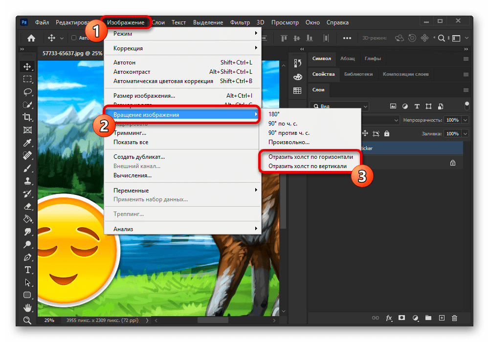 Переход к отражению целого файла в Adobe Photoshop