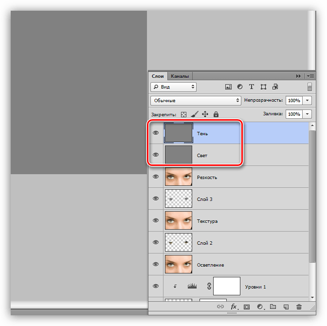 Переименование слоев с заливкой серым цветом при выделении глаз в Фотошопе