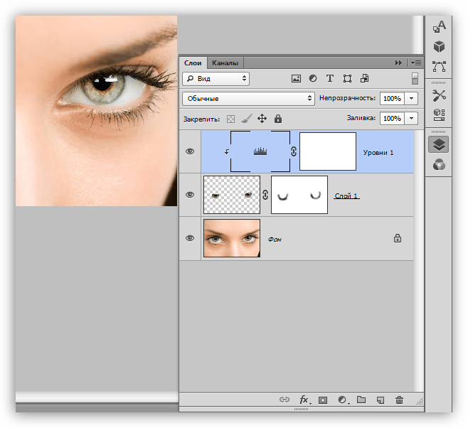 Палитра слоев после процедуры осветления при выделении глаз в Фотошопе