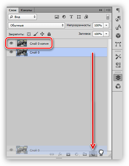 Создание копии слоя перетягиванием при удалении цифровых шумов с фотографии в Фотошопе