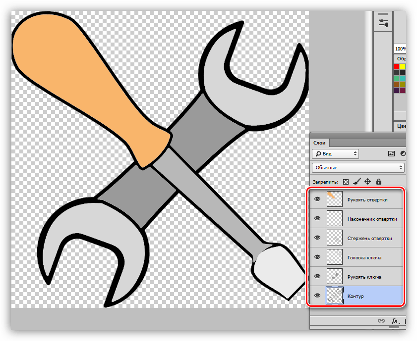 Раскрашивание инструментов цветом в Фотошопе