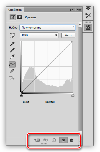 Нижняя панель настроек корректирующего слоя Кривые в Фотошопе