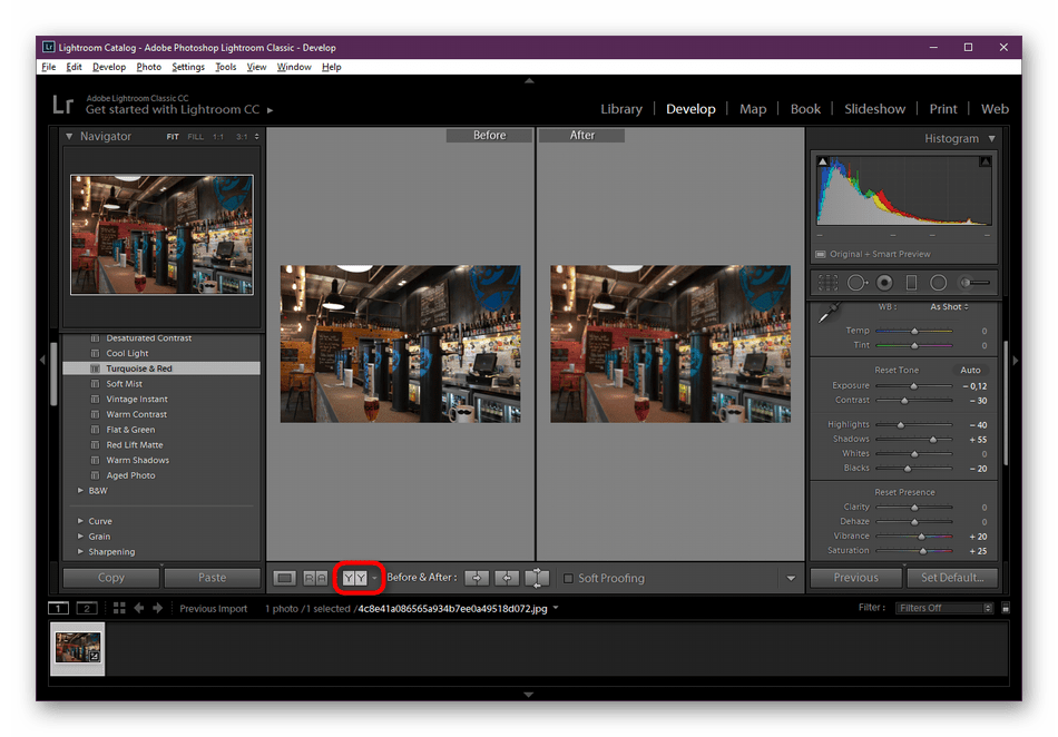 Посмотреть результат до и после обработки в Adobe Lightroom