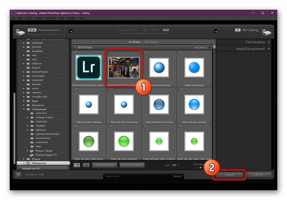 Выбор фотографий для импорта в программе Adobe Lightroom