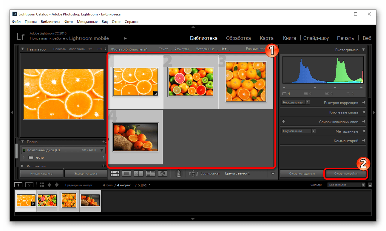 Выделение фотографий и синхронизация настроек в программе Adobe Photoshop Lightroom