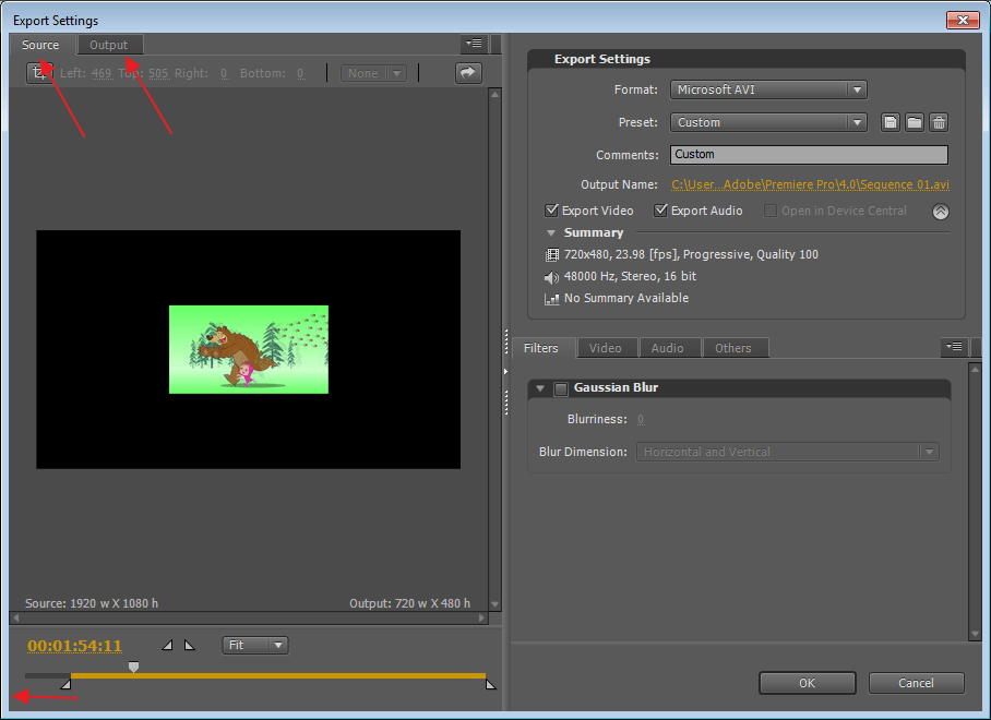 Sourse и Output в программе Adobe Premier Pro
