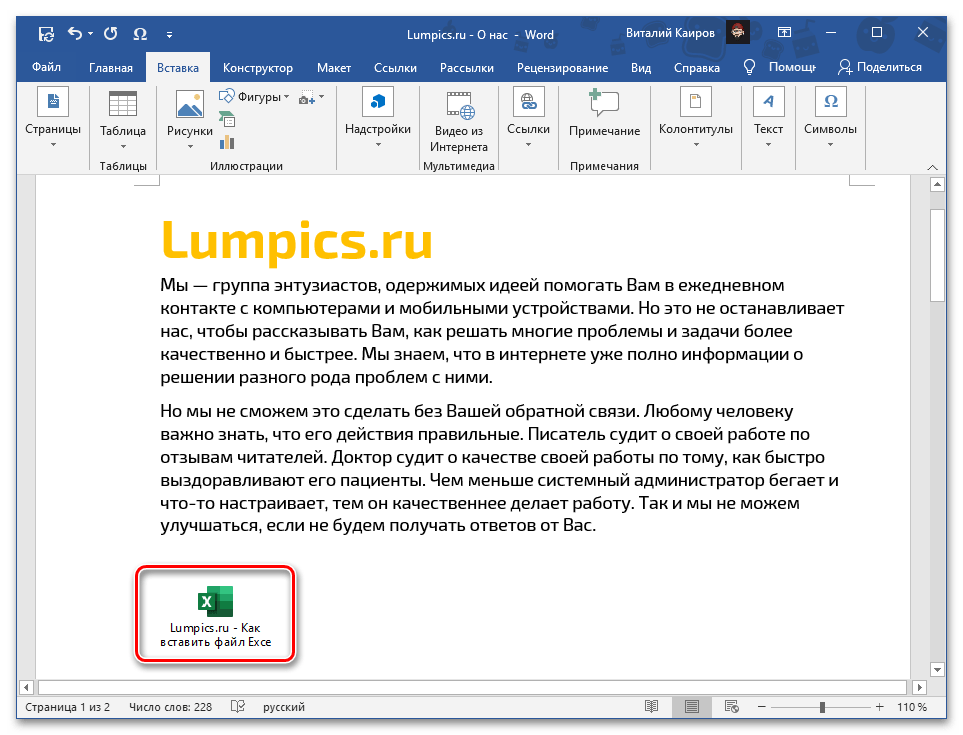 Результат вставки файла с таблицей Excel в виде объекта в текстовом документе Word