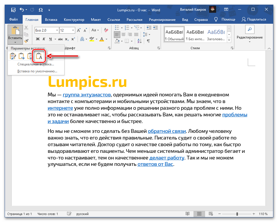 Вставка скопированного текста, но уже без ссылок в документе Microsoft Word