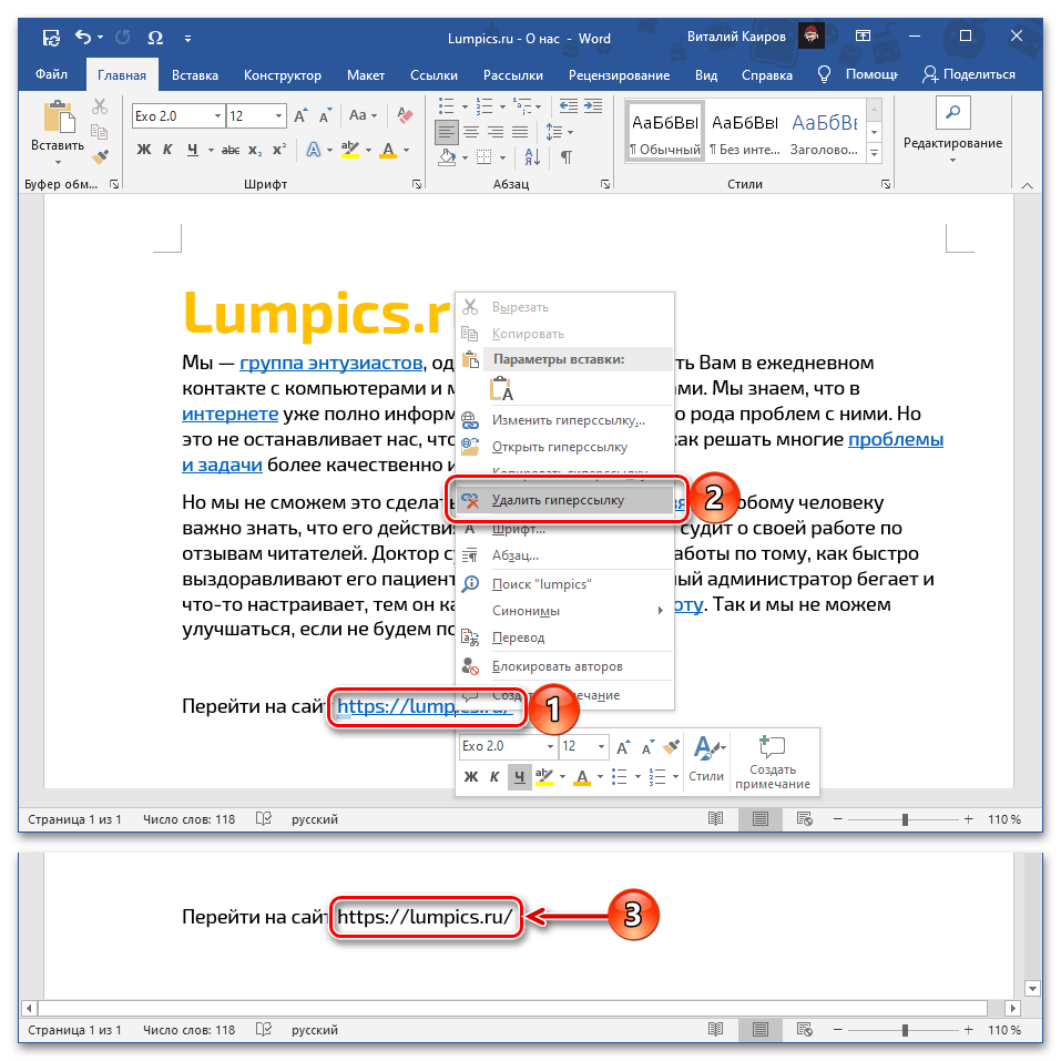 Результат удаления адреса из ссылки в документе Microsoft Word