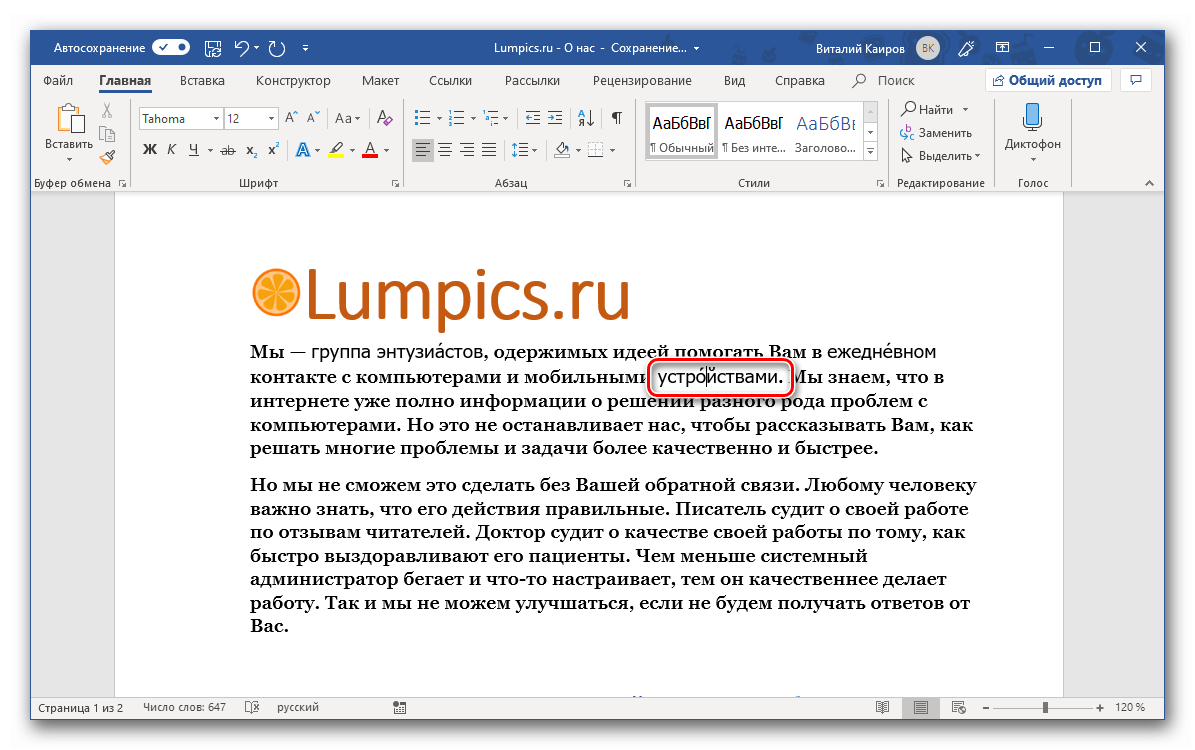 Результат добавления ударения посредством горячих клавиш в текстовом редакторе Microsoft Word