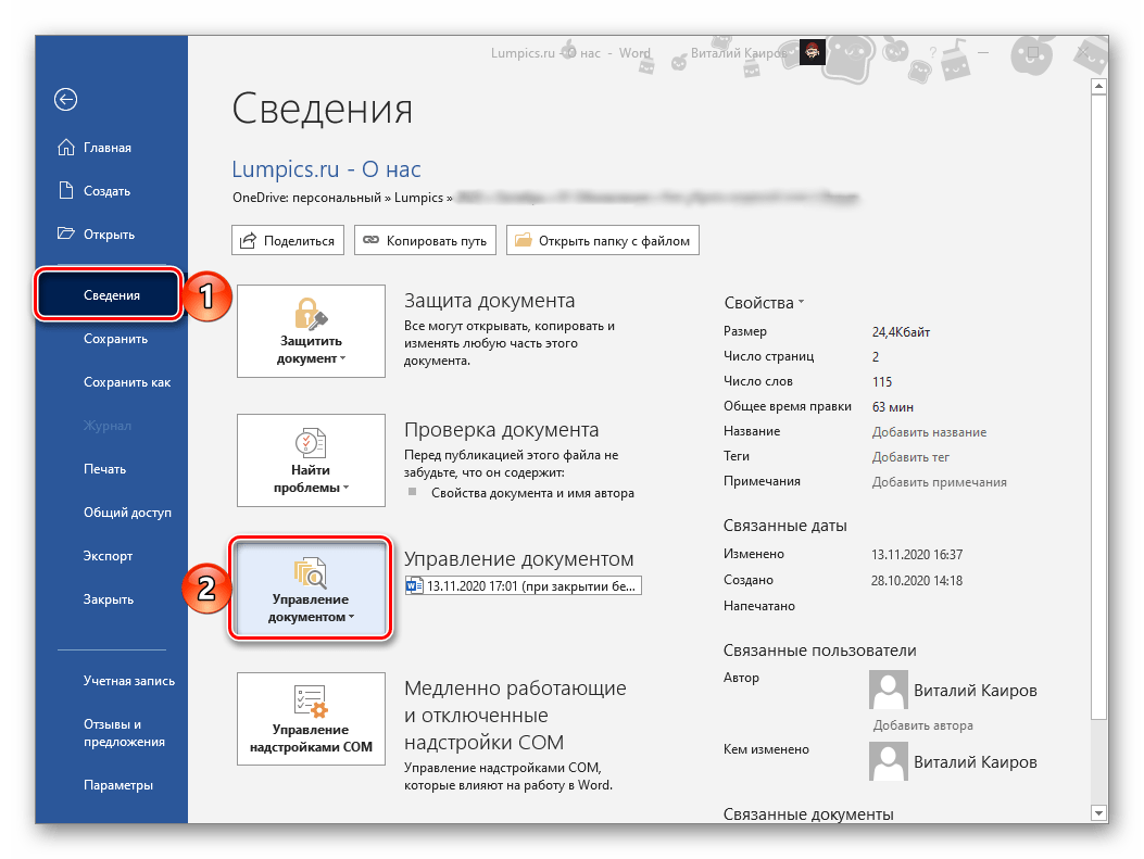 Открыть пункты меню Сведения - Управление документом в текстовом редакторе Microsoft Word