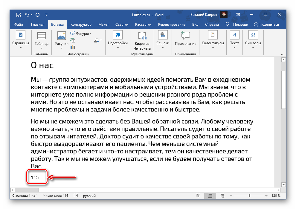 Поле с информацией о количестве слов в документе Microsoft Word