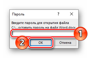 Требование ввода пароля для открытия защищенного документа Microsoft Word