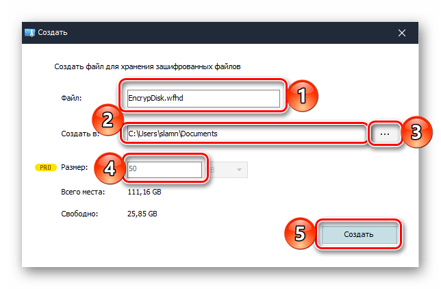 Определение параметров создаваемого зашифрованного файла в программе Wise Folder Hider