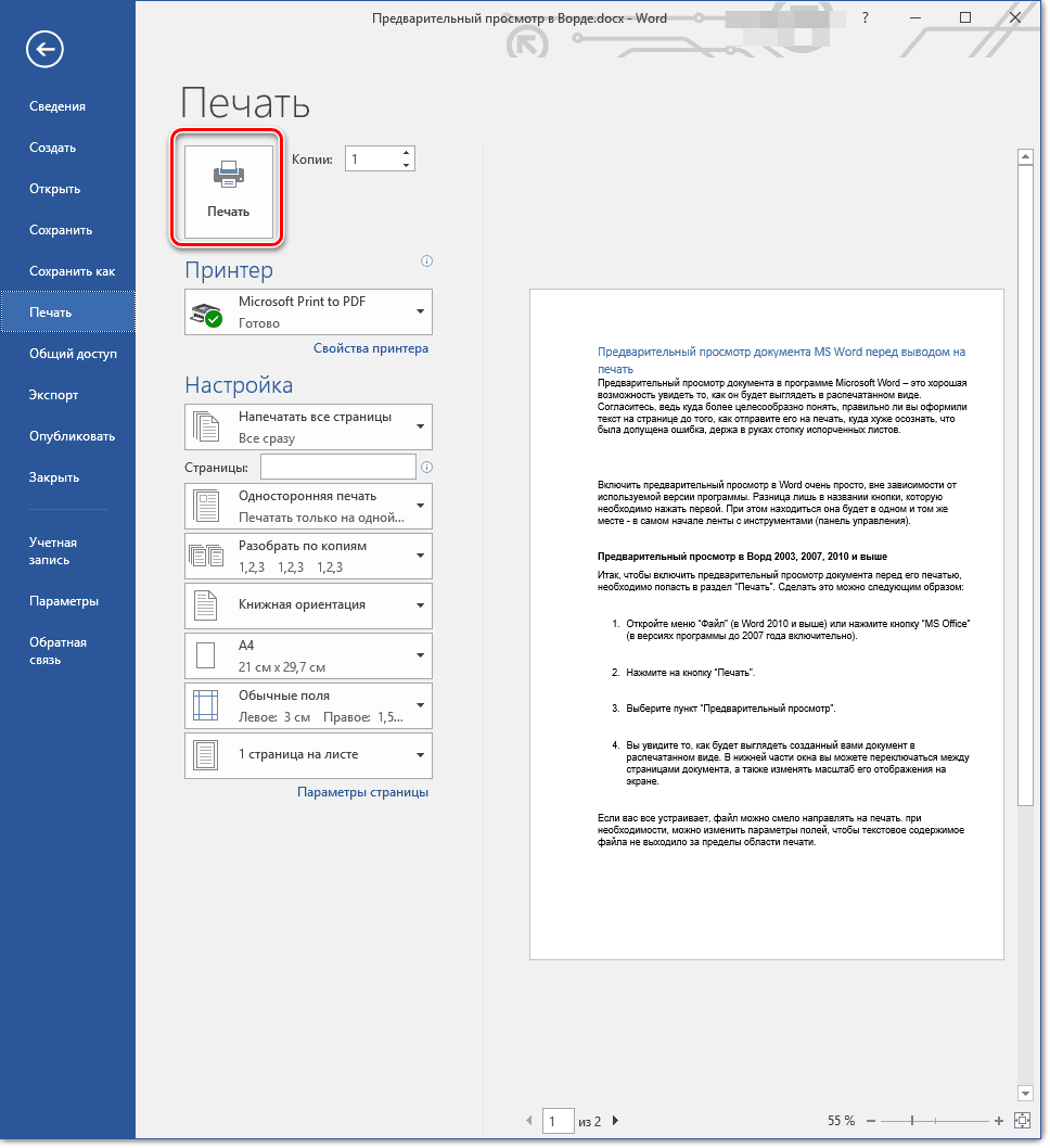 Распечатать документ из окна предварительного просмотра в Microsoft Word