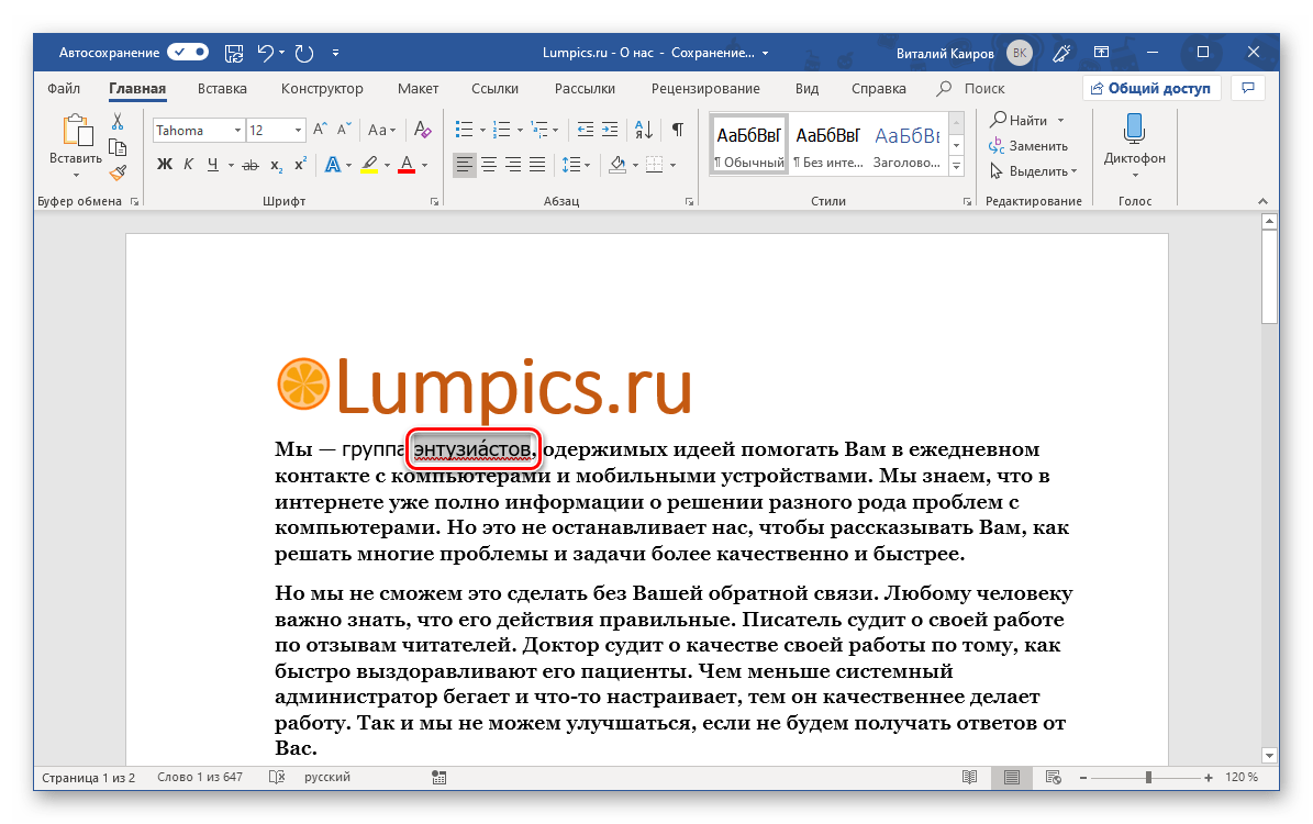 Ударение успешно добавлено над буквой в программе Microsoft Word