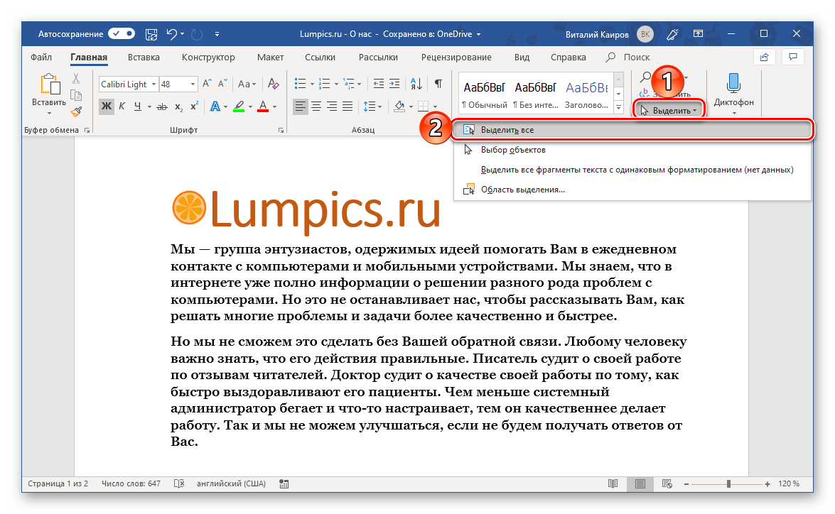 Выделение всего содержимого текстового документа в программе Microsoft Word