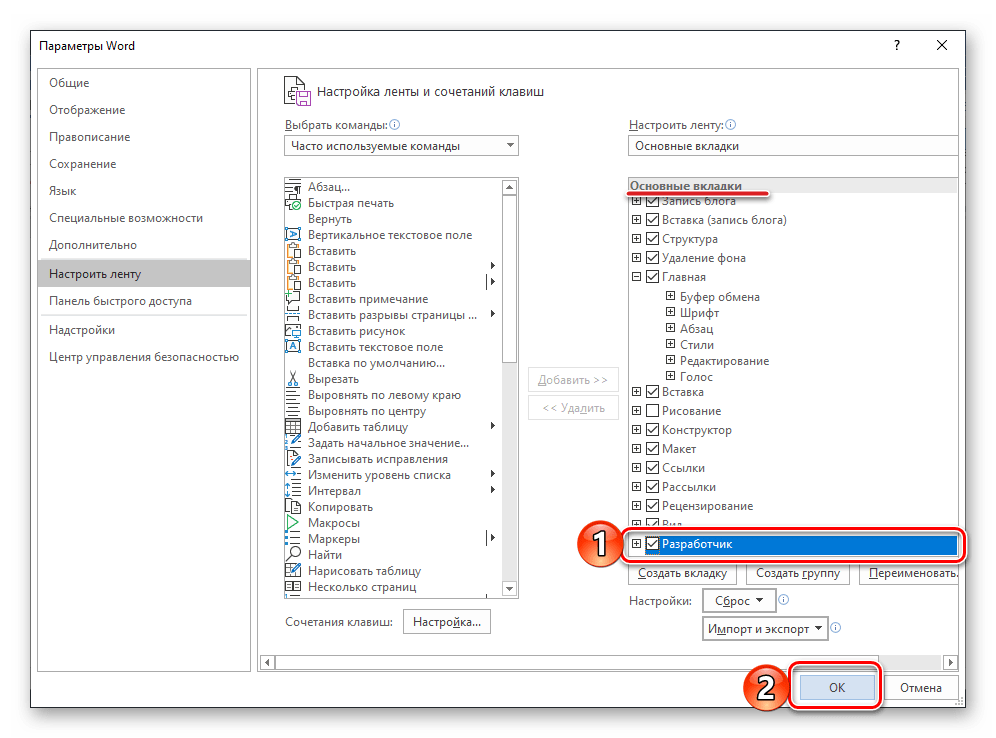 Включение режима разработчика в параметрах в программе Microsoft Word