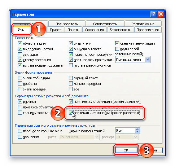 Включение отображения вертикальной линейки в программе Microsoft Word 2003