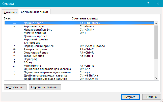 Вставка символов (специальные знаки) в Word
