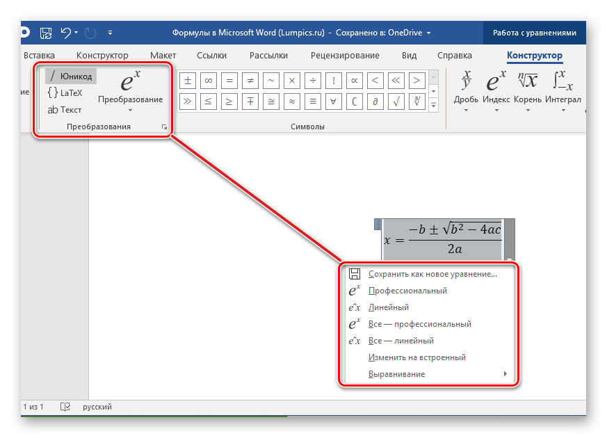 Параметры преобразования уравнения в программе Microsoft Word