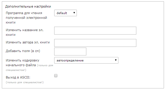 параметры файл в онлайн FB2 конвертере