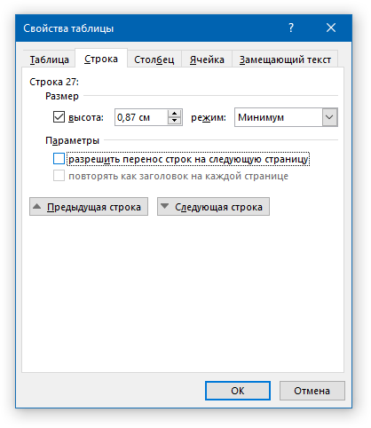 свойства таблицы отключить перенос в word