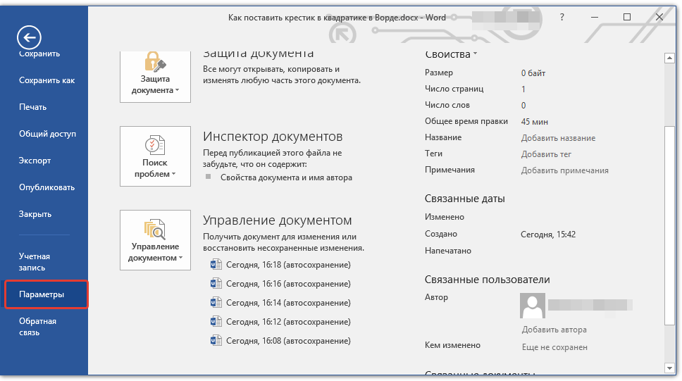 раздел параметры в word