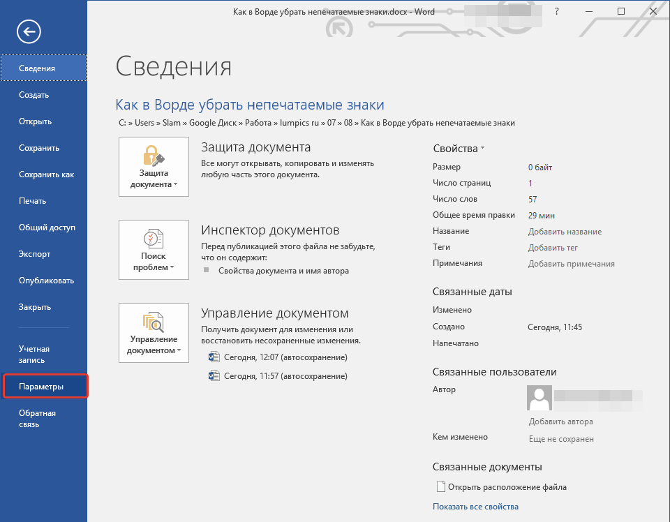 Файл Параметры в Word