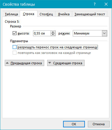 запретить разрыв строк таблицы (свойства таблицы) в Word