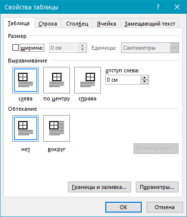 таблица (параметры) в Word