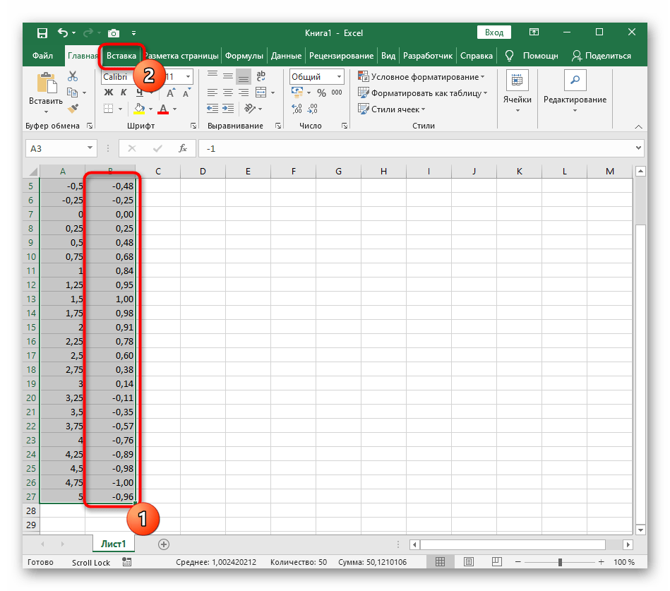 Выбор диапазона данных для построения графика функции y=sin(x) в Excel