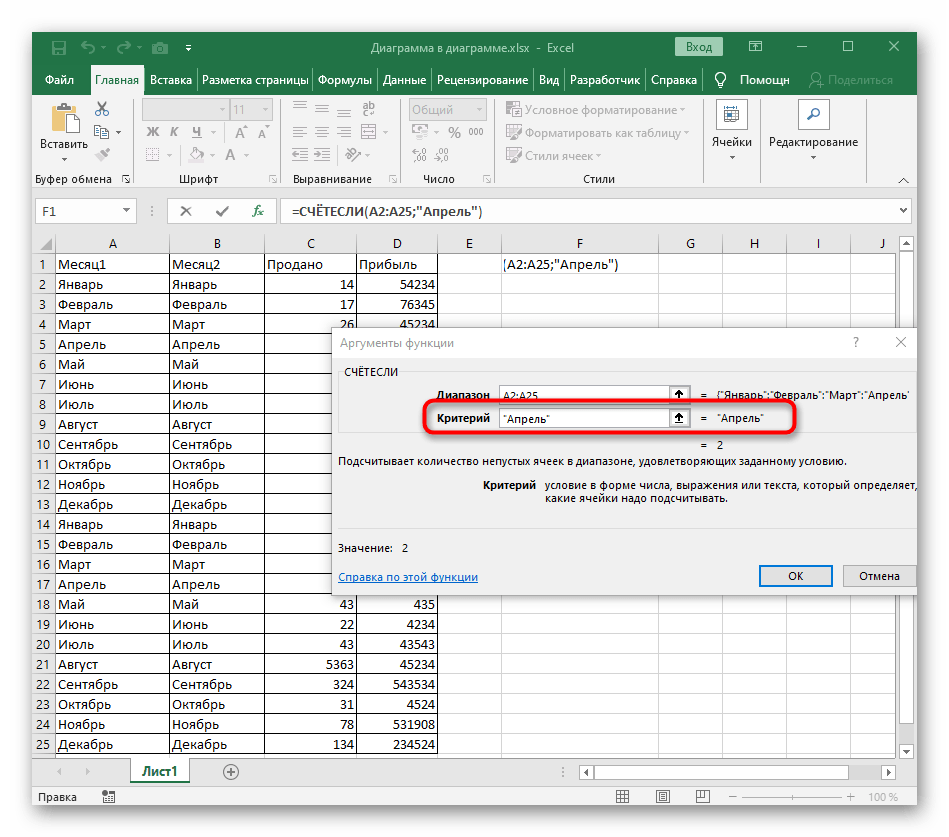 Пример критерия при разборе синтаксиса функции СЧЁТЕСЛИ в Excel