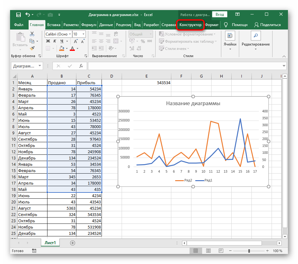 Переход на вкладку для использования кнопки смены осей графика в Excel