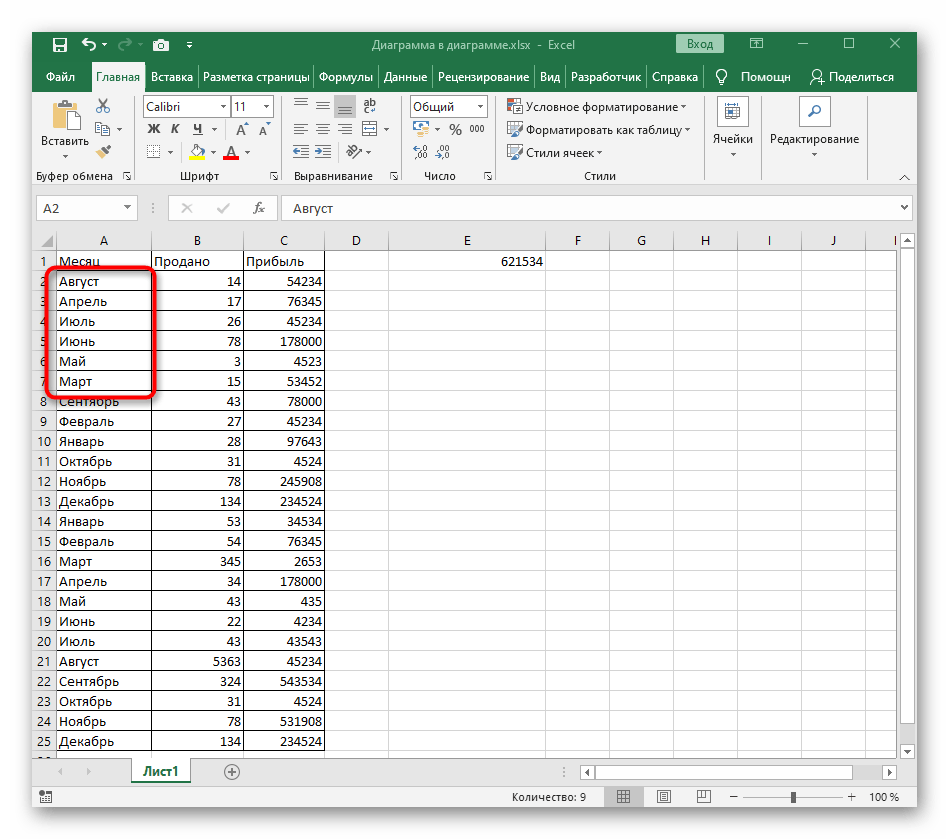 Результат сортировки по алфавиту без расширения диапазона в Excel