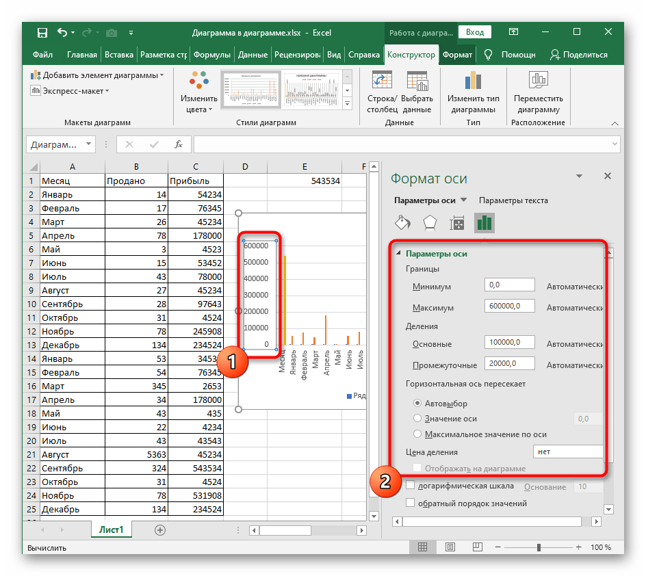 Изменение параметров осей столбчатой диаграммы в Excel при ее редактировании