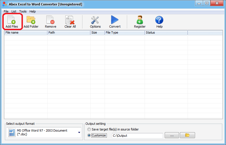 Добавление файла в программе Abex Excel to Word Converter