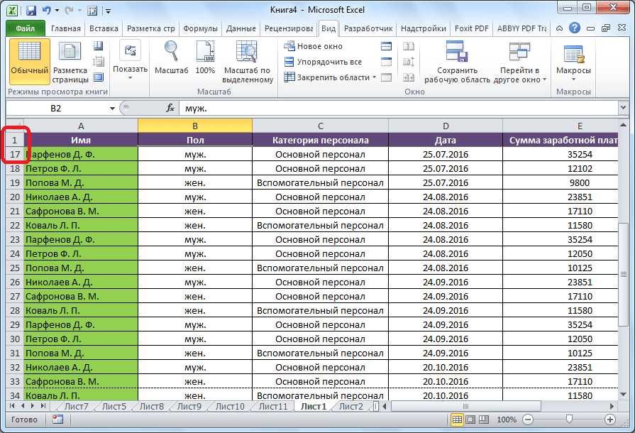 Шапка закреплена в программе Microsoft Excel