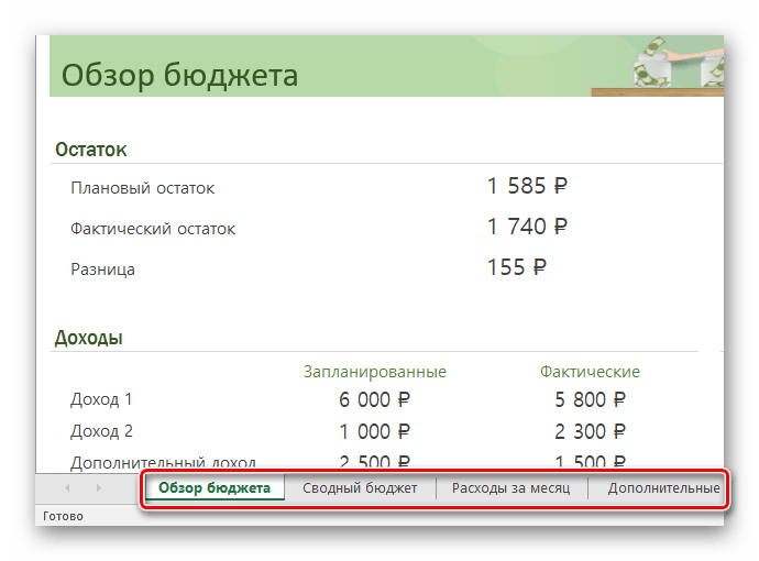 Вкладки готового шаблона в Ексель