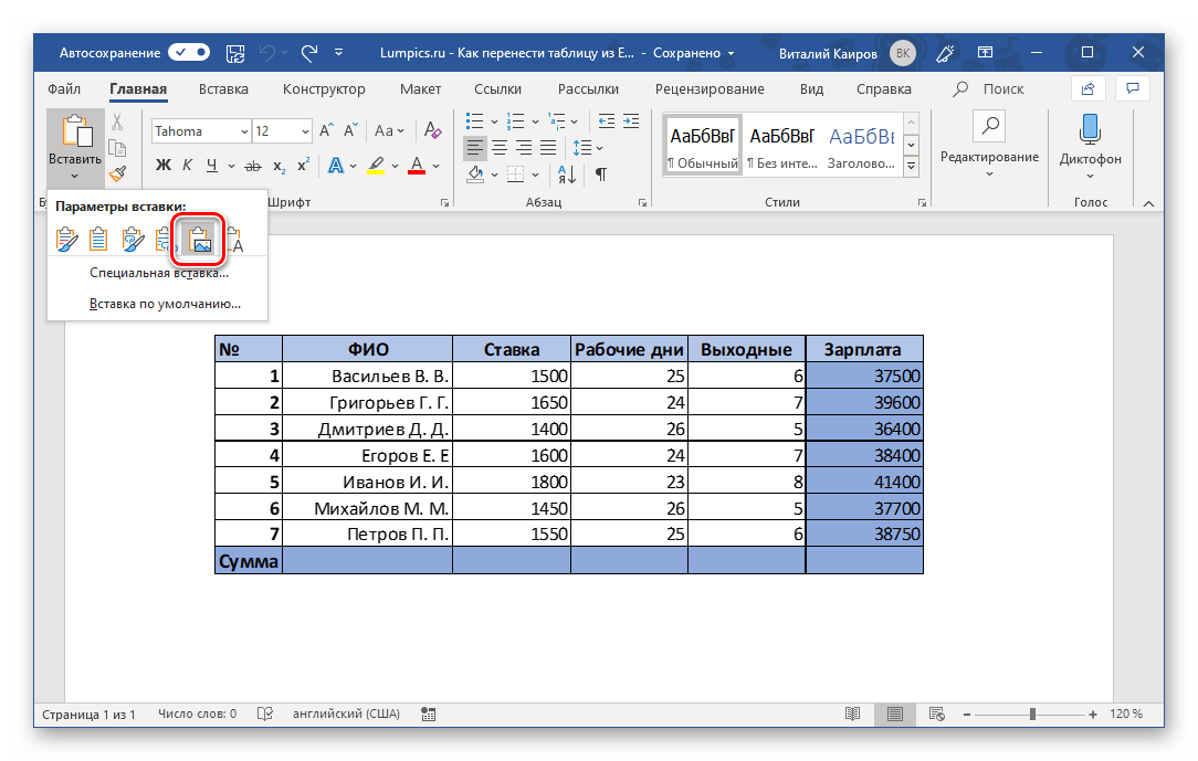 Вставить таблицу в виде рисунка в Microsoft Word